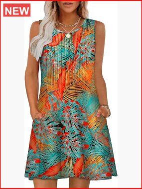 Tropical Print Sleeveless Shift Dress in Teal & Orange